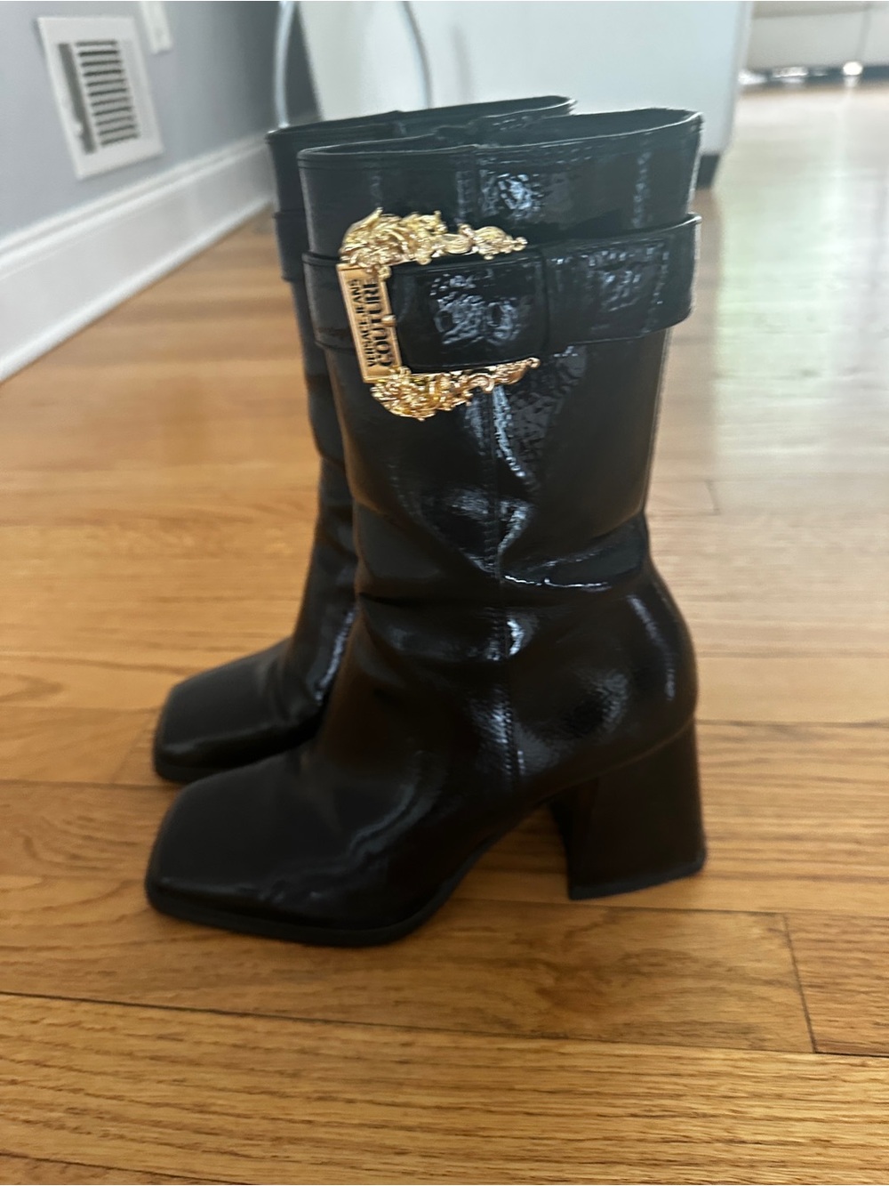 Versace Jeans Collection Black Patent Mid-Calf Heeled Boots with Gold Buckle